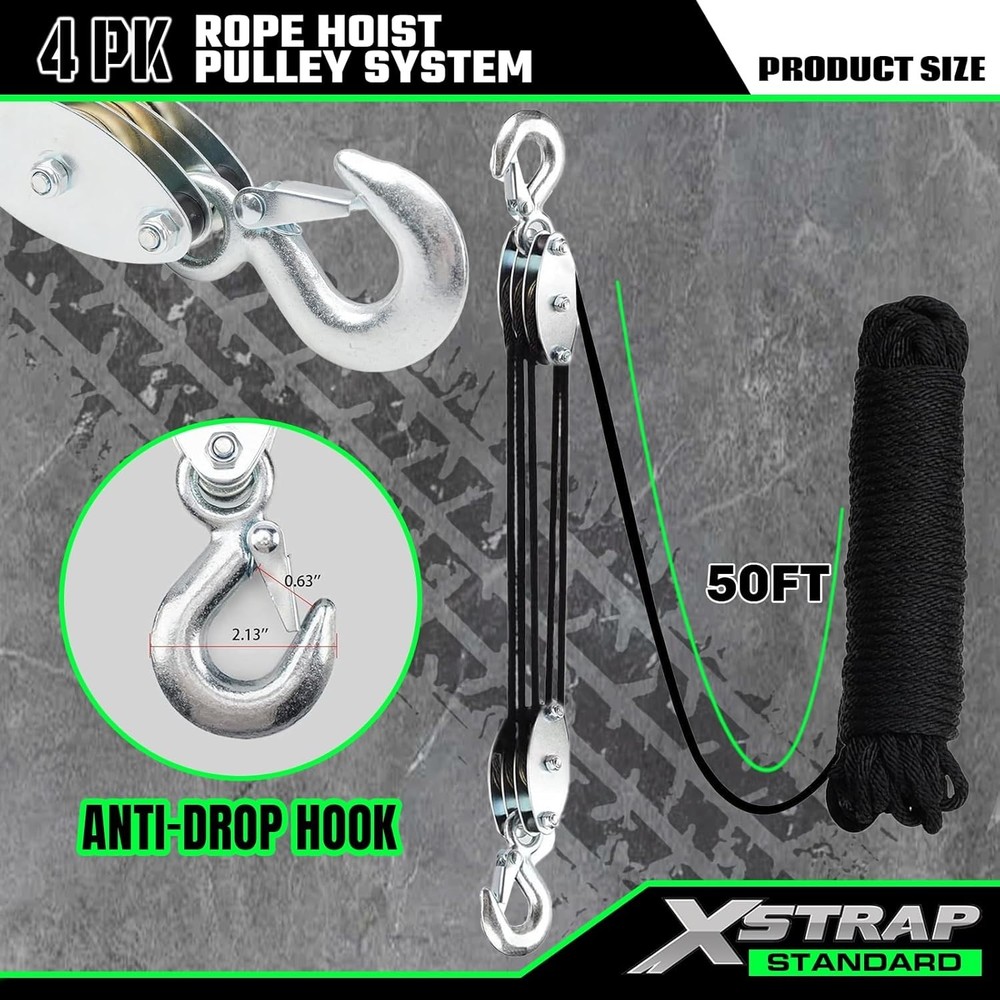 Efficient 50 FT Block & Tackle Pulley System with Soft Loops - 2000 LB Strength