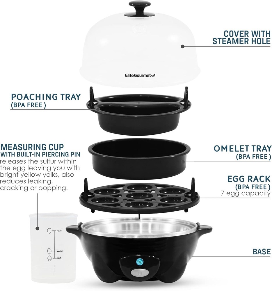 Compact Electric Egg Cooker - Hard, Medium, Soft Boiled & Omelet Maker, Black