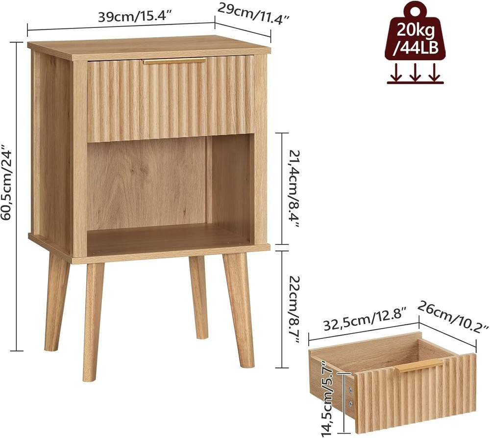 End Table, Fluted Night Stand, Modern Side Bedside Table with Natural