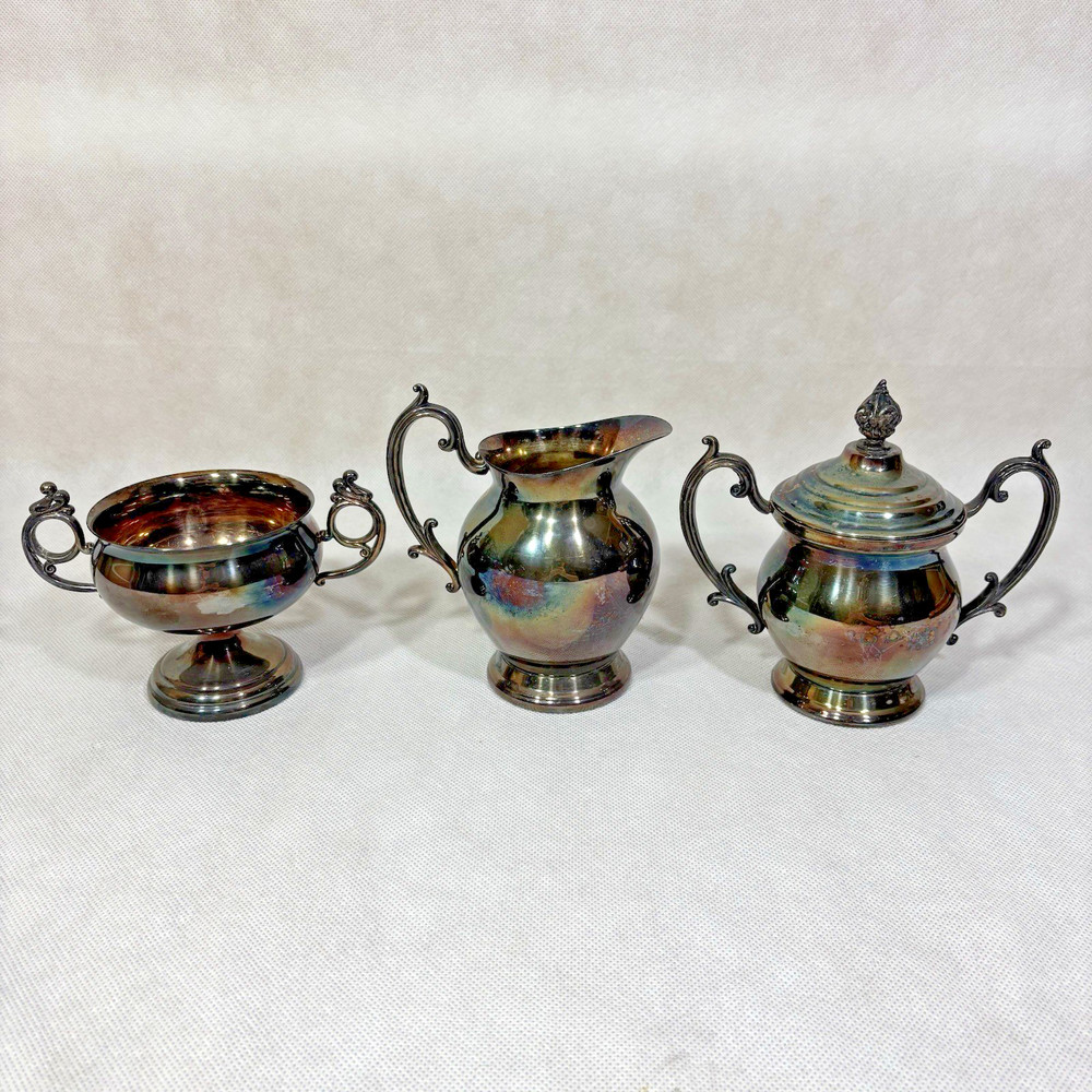 Vintage Silverplate Lot Handled Rectangular Tray Lidded Sugar Bowl Creamer Set