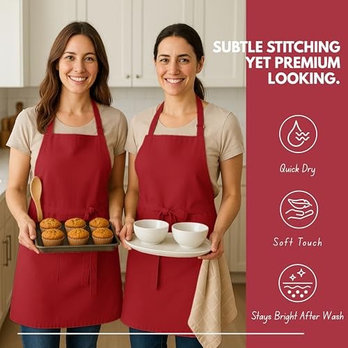 Kitchen Apron 2 Pack - 100% Cotton Adjustable, Durable Apron with Pockets, Red
