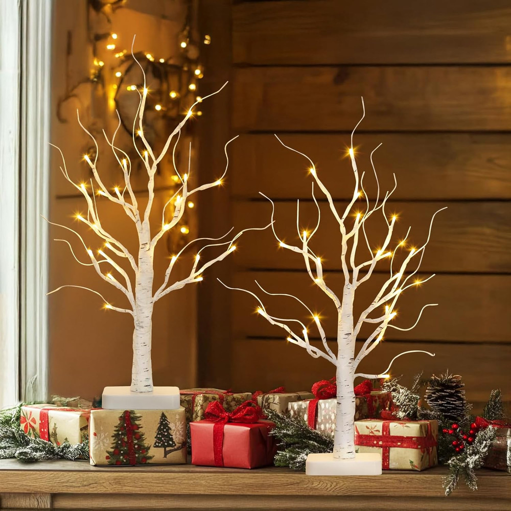 Lighted Birch Tree, 2 Pack Christmas Tree with 24 LED, Tabletop Centerpiece A...