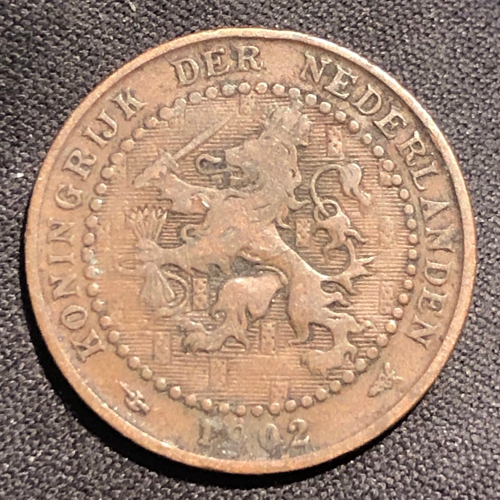 1902 Netherlands 1 Cent Bronze Coin - VF (Very Fine) condition