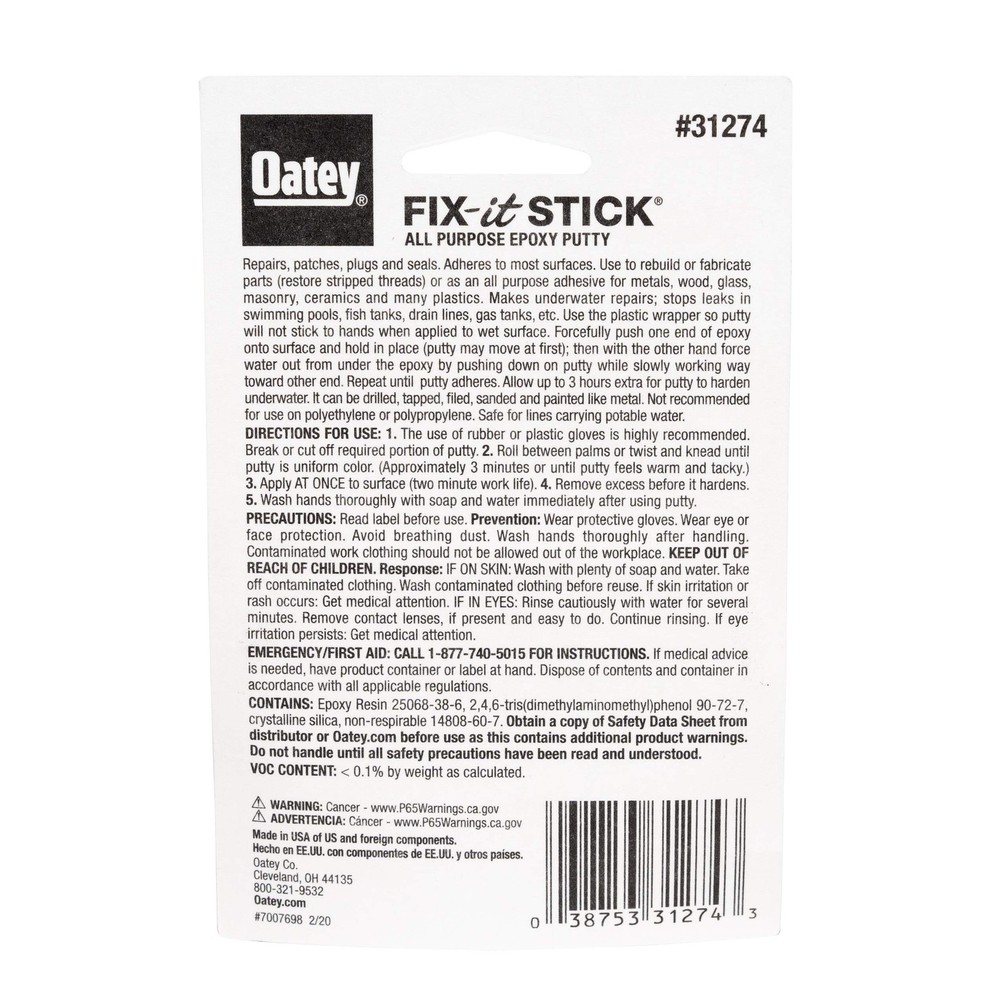 Oatey 31274 Stick Fix-It Multi-Purpose Epoxy Putty, 1.33 oz, 1.7 oz., White