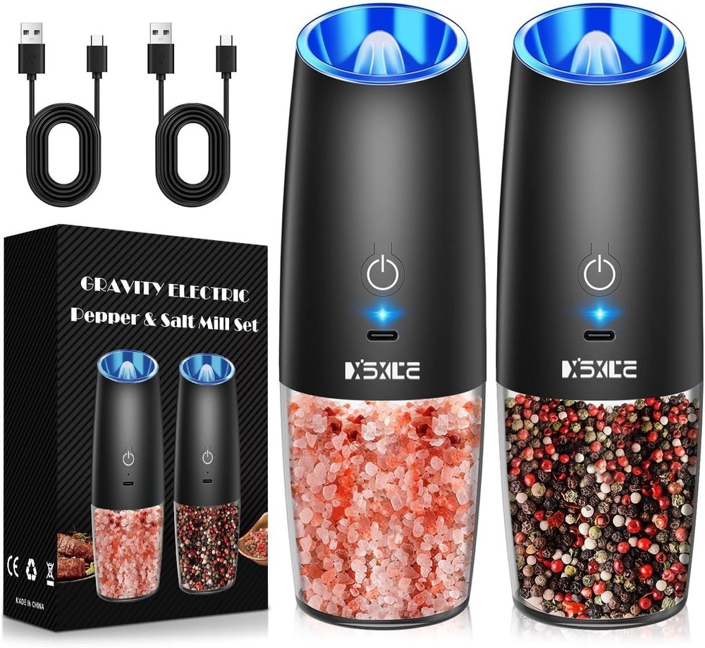USB Rechargeable Spice Grinder Set with LED & One-Hand Operation - Black 2-Pack