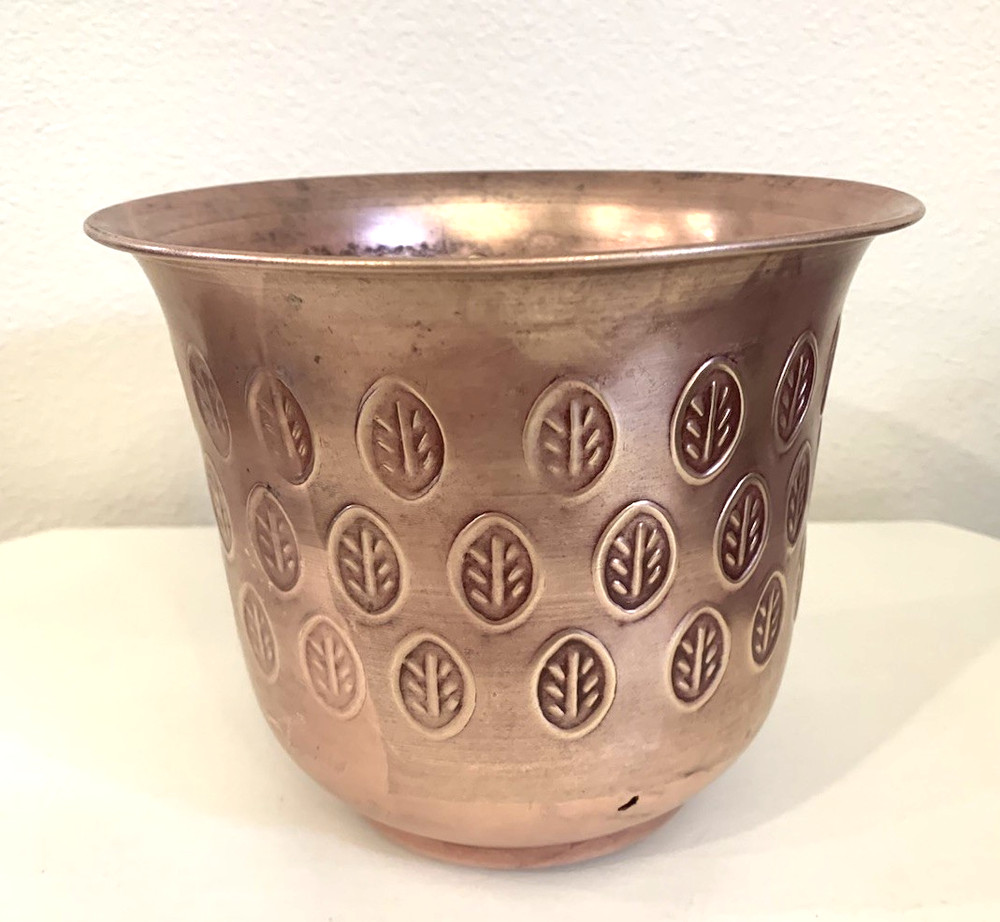 Antique Solid Copper Flower Planter With Stamped Leaf Design 6”