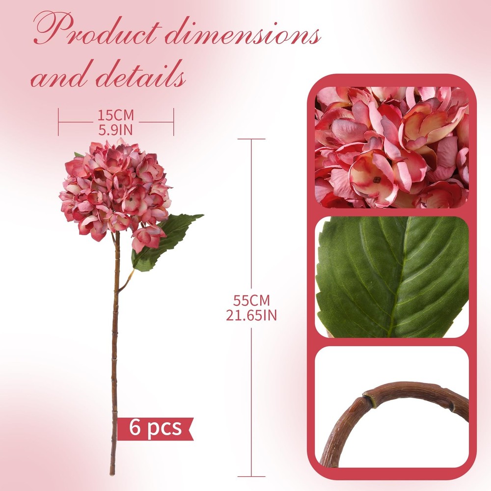 6PCS 21 Inch Lifelike Artificial Silk Hydrangea Flowers, Large Fake Hydrangea...