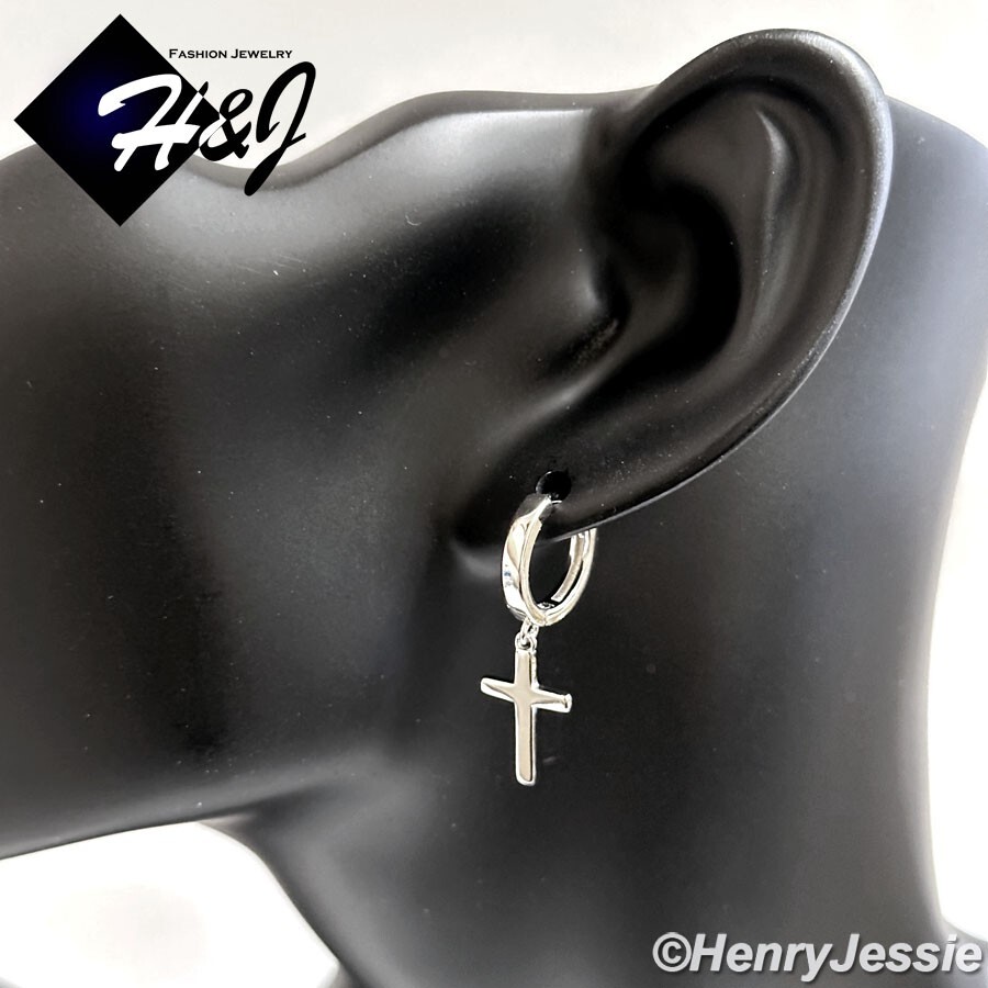 MEN WOMEN SOLID 925 STERLING SILVER PLAIN CROSS DANGLE HUGGIE HOOP EARRING*E244