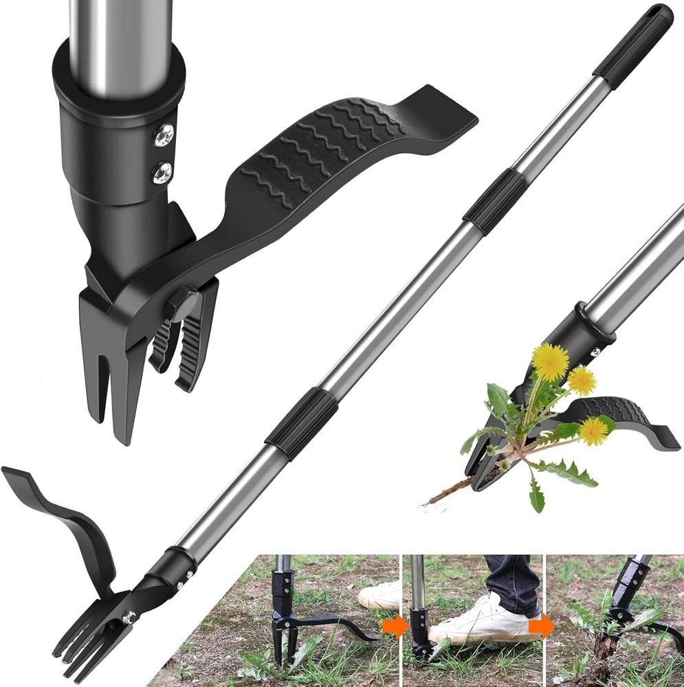 Weed Puller Tool, 4-Claw Stand Up Weeder with Adjustable 46” Handle for Remove
