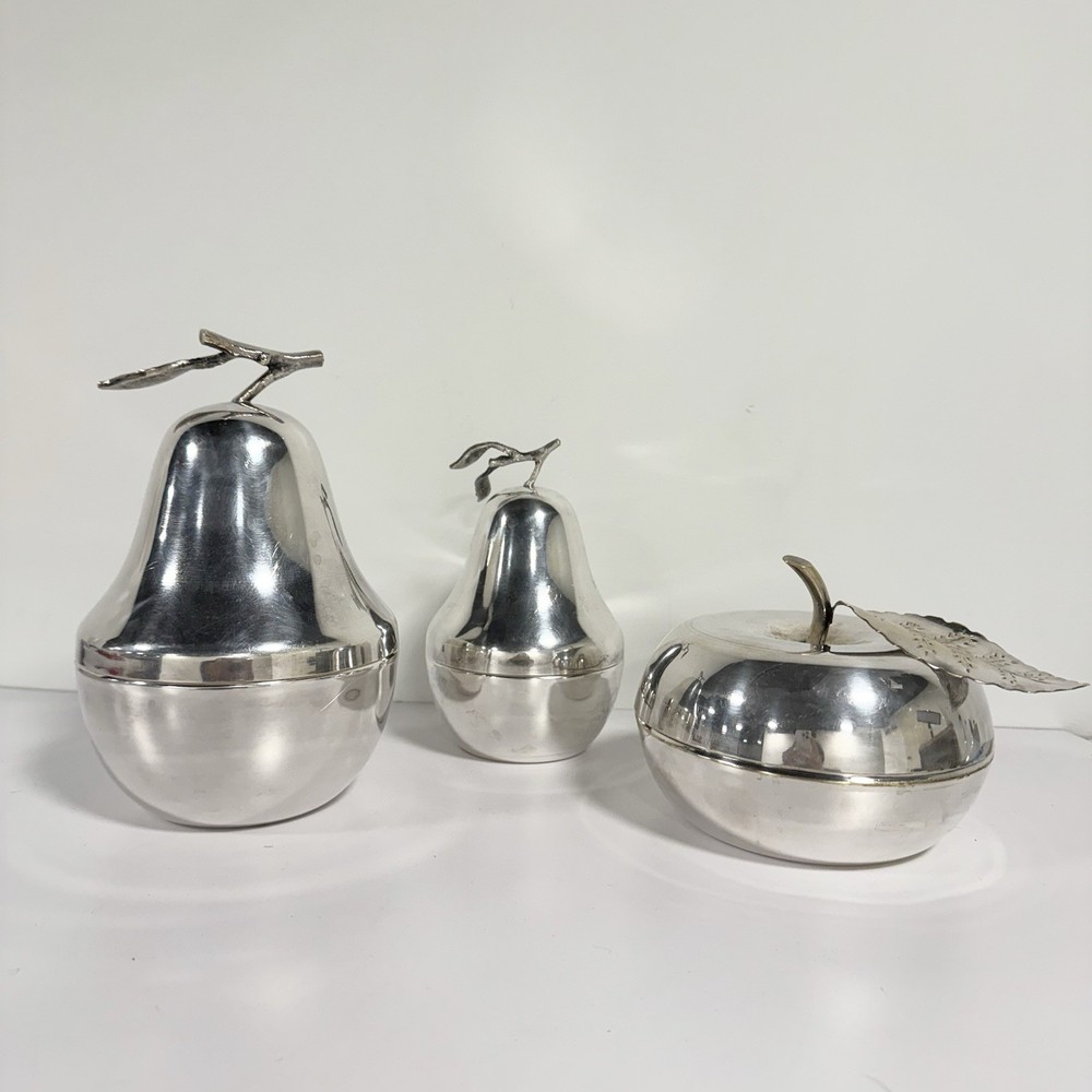 Vintage Apple Pear Fruit Trinket Nesting Box Containers Silver plated MCM Decor