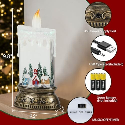 Musical Snow Globe Lantern with Timer, Battery & USB Powered Lighted Candle Lamp