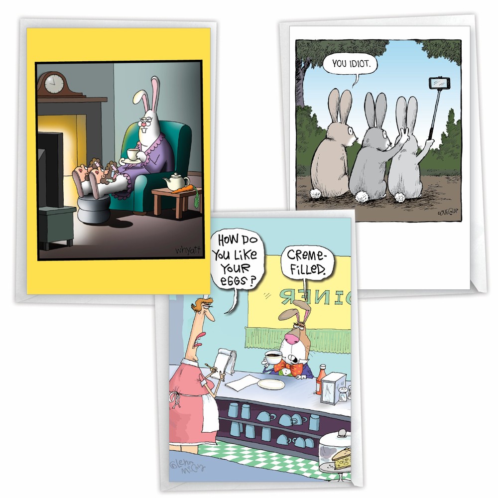 Assorted 3 Funny Easter Cards w/ Envelopes - 3 Designs, 1 Each - Bunny Funnies