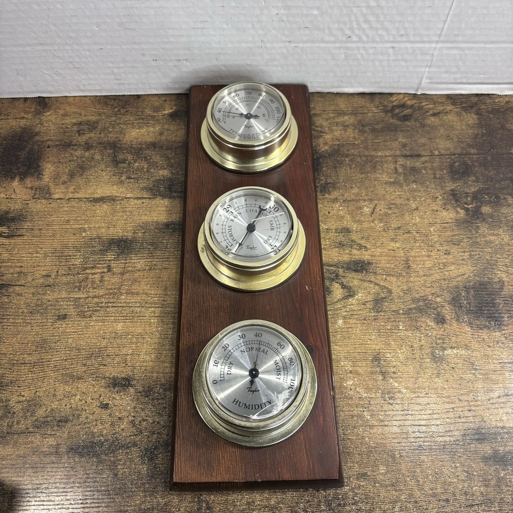 Vintage Taylor Thermometer Hygrometer Weather Station Combo On Solid Oak Panel