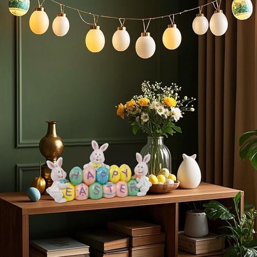 Easter Decorations Eggs Bunny, Hand-Painted Resin Tabletop Easter Eggs Bunny