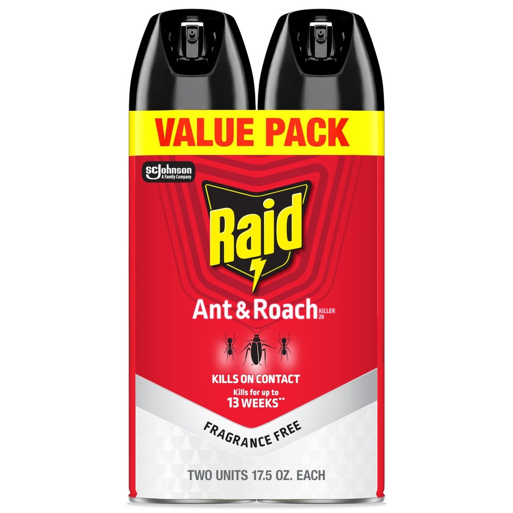 Raid Ant & Roach Killer 26, Fragrance Free Bug 17.5 Ounce (Pack of 2), Clear