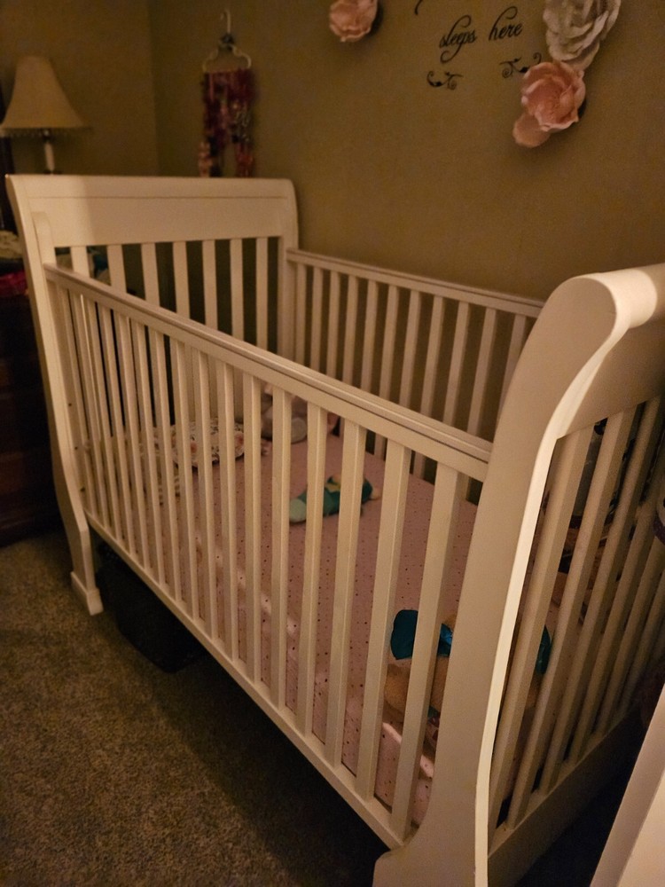 Pottery barn white sleigh crib with mattress