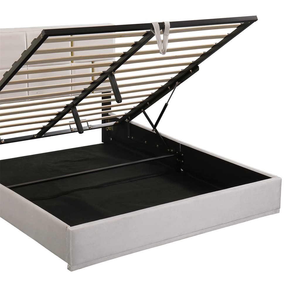 Queen Size Upholstered Platform Bed Frame with Hydraulic Storage System