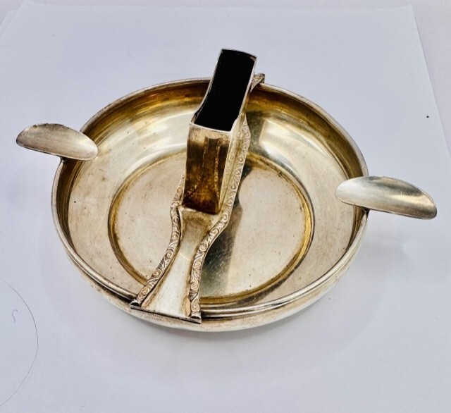 Art Deco Solid Hallmarked Silver Ashtray & Matchbox Holder 100g Table Ware 1929