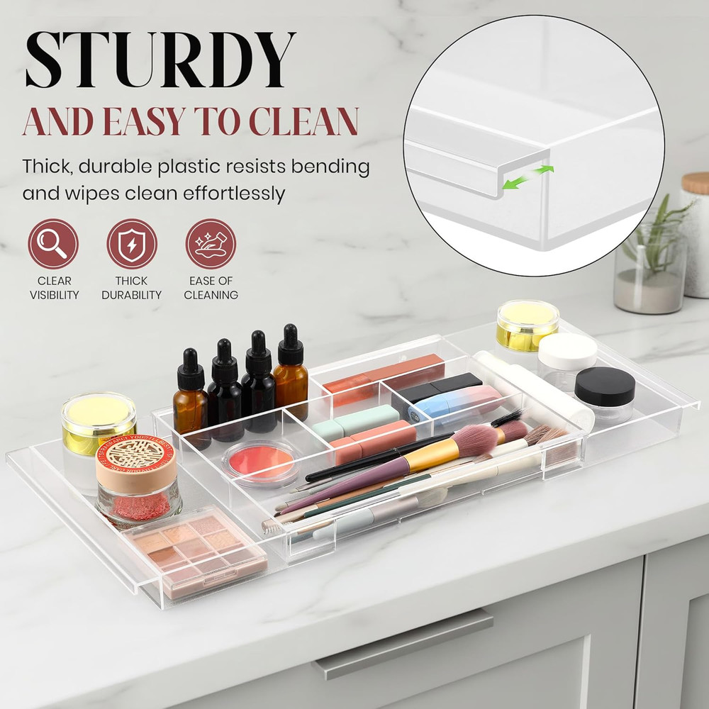 2Pack Shallow Expandable Drawer Organizer, Adjustable 12.5”–20” Clear Plastic Dr