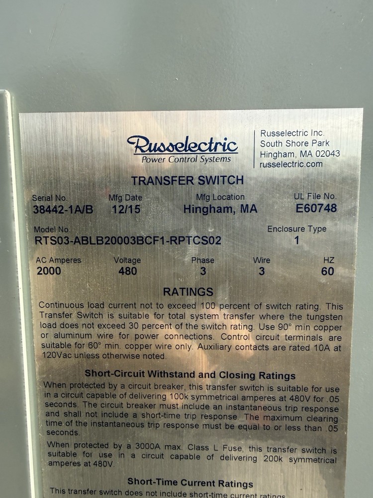 RUSS 2000Amp ATS Automatic Transfer Switch 2000 Amp 480V 277V 3 Phase 4 W