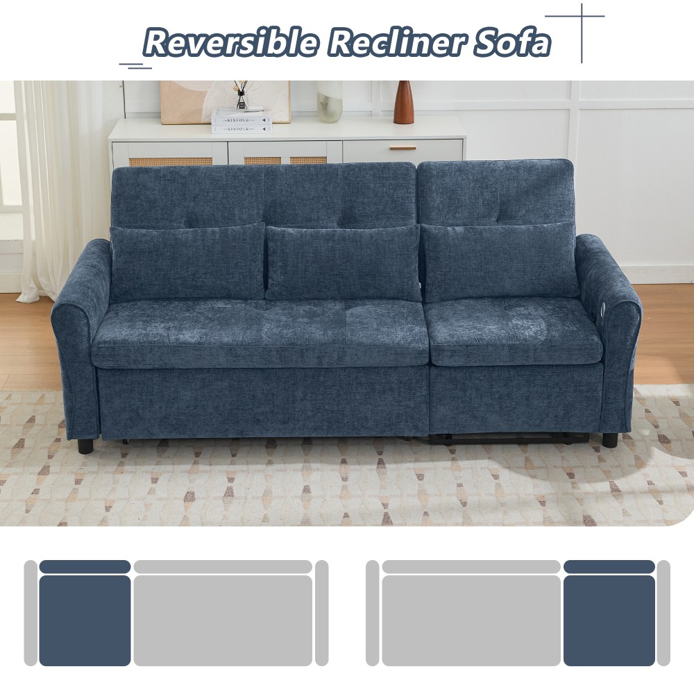 82" Blue Chenille Sofa Bed w/ Reversible Recliner, Adjustable Backrest, USB