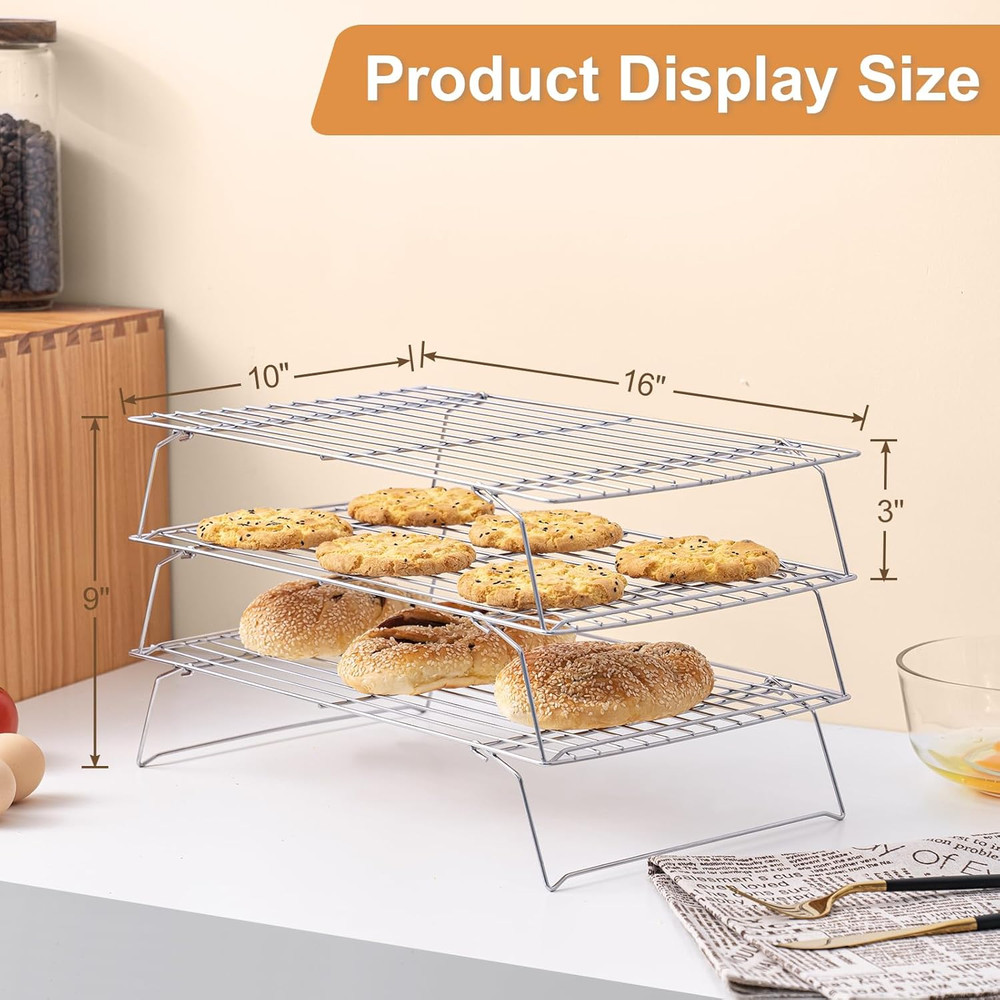 Cooling Rack for Baking 3 Tiers, 16" X 10" Cookie Cooling Wire Rack Stackable Co