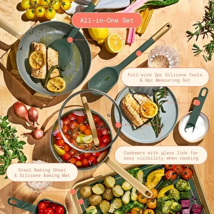 Beautiful 21 PCS Ceramic Nonstick Cookware & Tools Set by Drew Barrymore