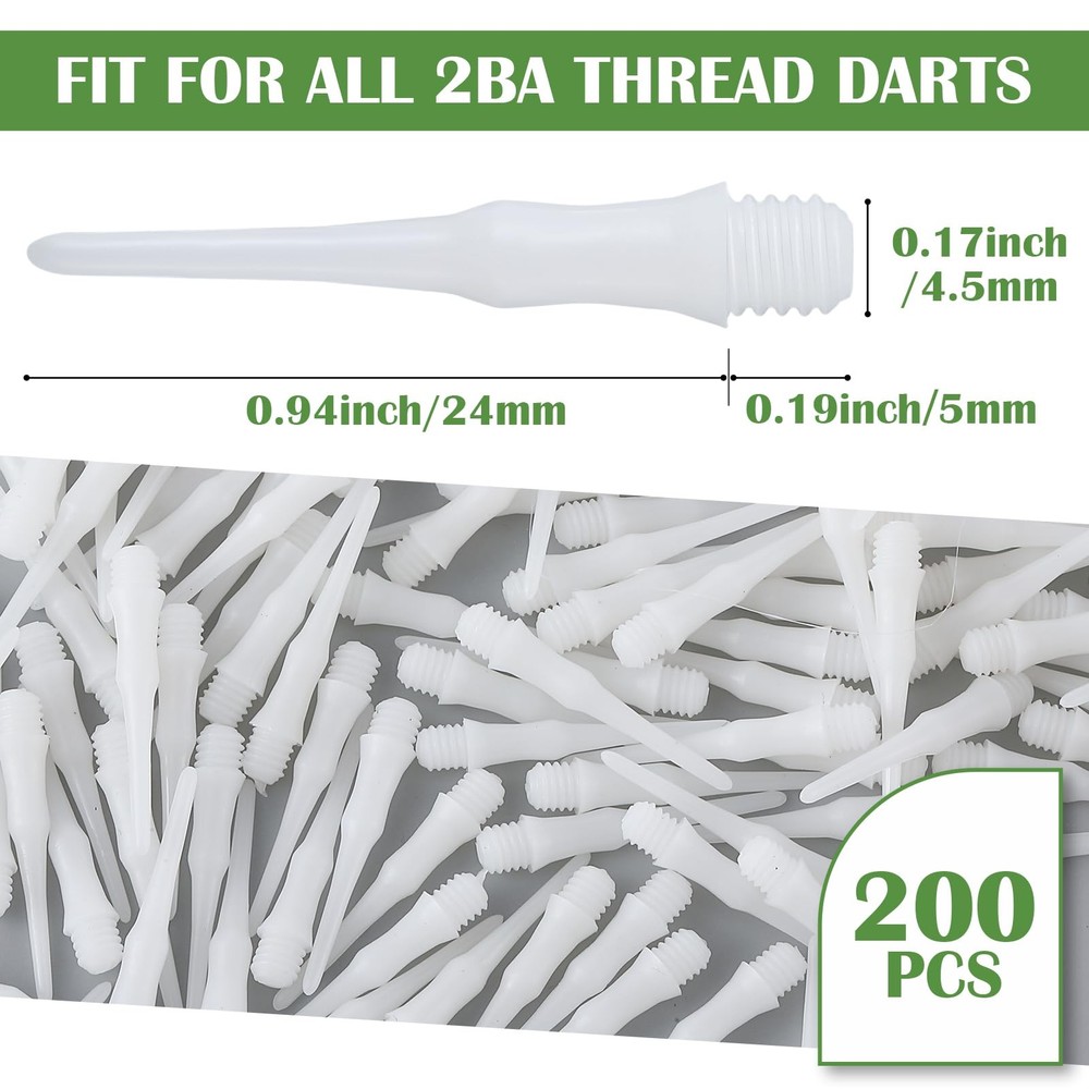 VioraWhite 200 Pack 2BA Thread Soft Tip Dart Points Plastic Replacement White