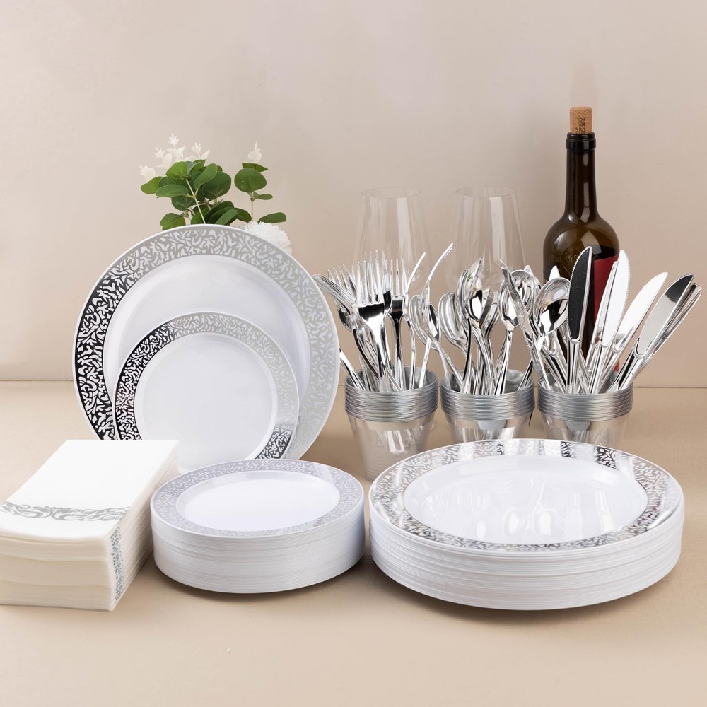 350PCS Silver Plastic Dinnerware Set for 50 Guests, Disposable Plates for Par...