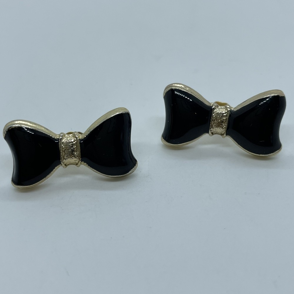 Goldtone and Black Enamel Bow Tie Post Earrings