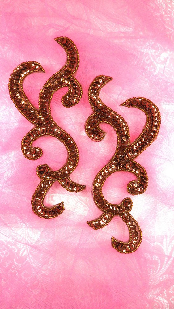 Bronze  Sequin Appliques Mirror Pair Designer Scroll Clothing Patch 6.75" JB240