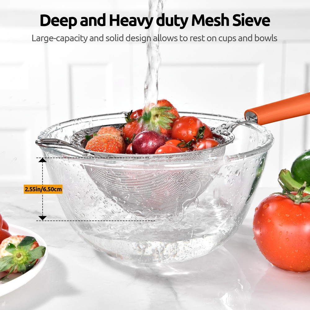 Medium Fine Mesh Strainer 4.7" 30-Mesh Sieve Stainless Steel Silicone Handle