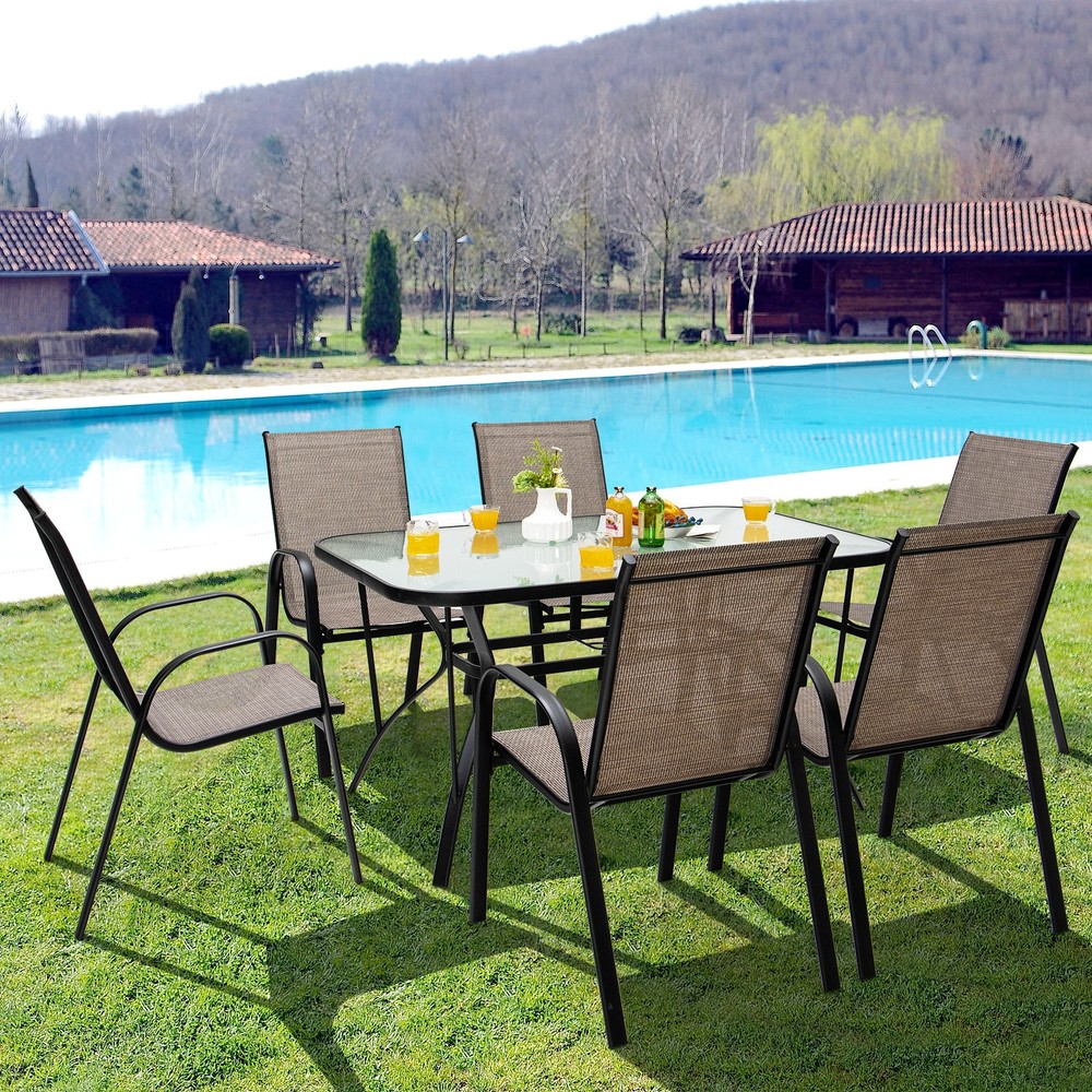 Patiojoy Set of 6 Patio Dining Stackable Chairs Armrests Space Saving Backyard