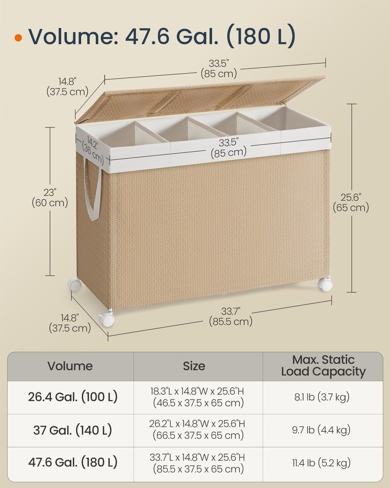Laundry Hamper with 4 Section, 180 L Large Rolling Laundry Basket with Wheels...