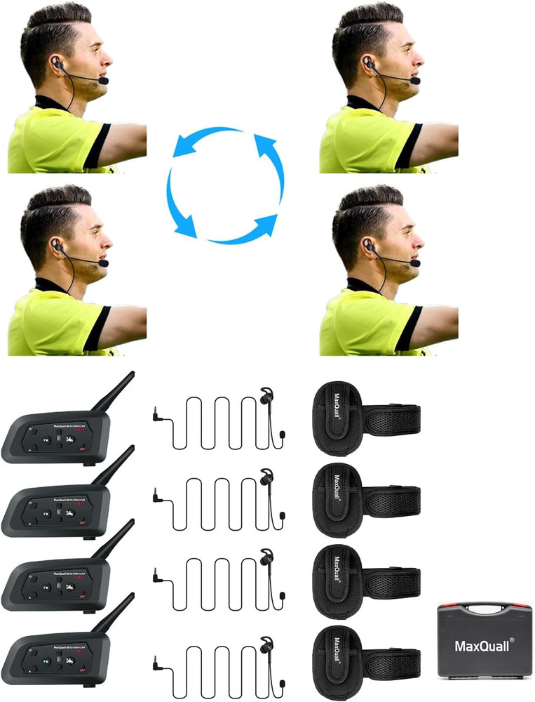 4-Person Referee Headset System - Wireless Bluetooth Intercom with Earpieces