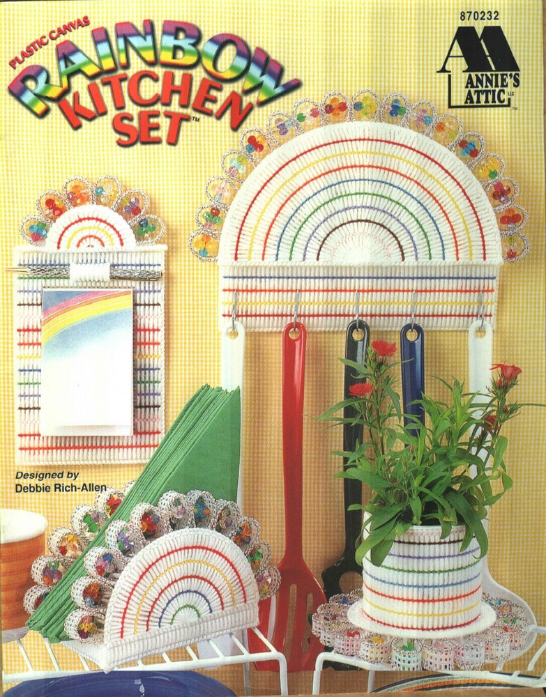 NEW RAINBOW KITCHEN SET CLOCK MEMO & NAPKIN HOLDERS PLASTIC CANVAS PATTERN BOOK