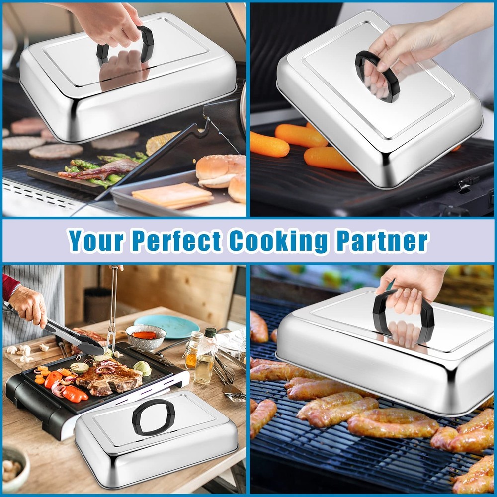 HaSteeL Rectangular Basting Cover, Stainless Steel Cheese Melting Dome Silver