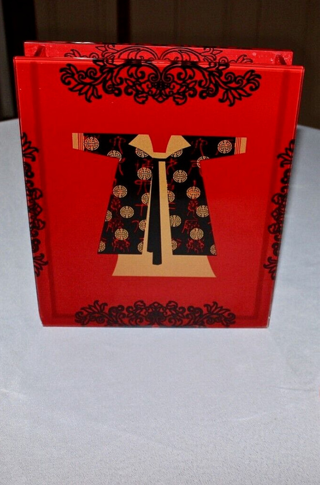 Red Rectangular Glass Vase with painted kimona design Front/back