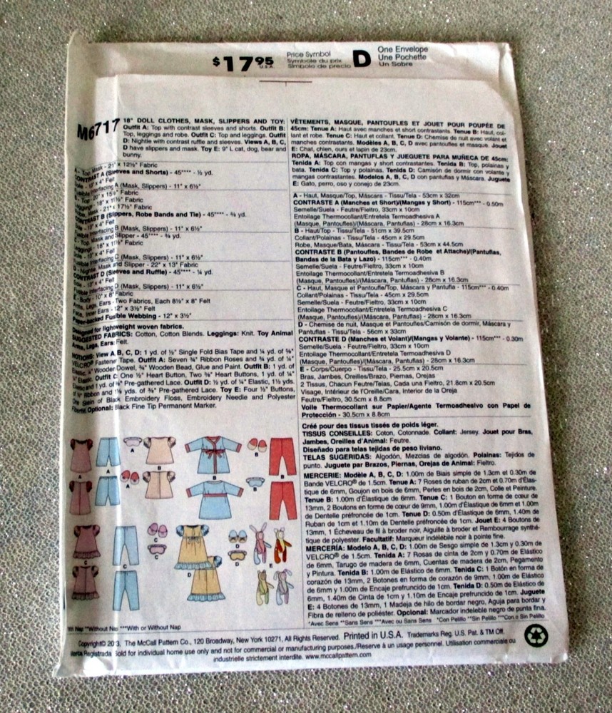 Sewing Patterns for the 18" Dolls - New, Uncut
