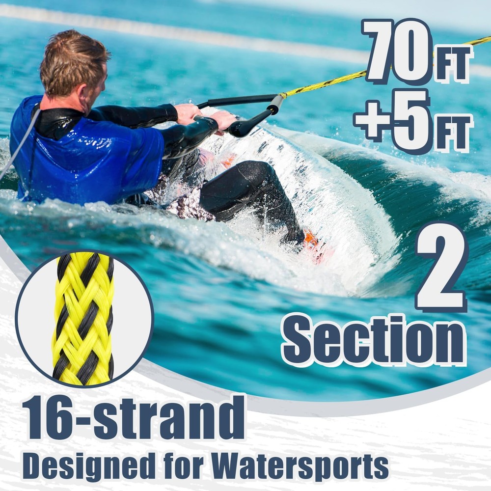 Vortexain Wakeboard Rope with Handle, 75ft 2-Section One Size, Yellow Black