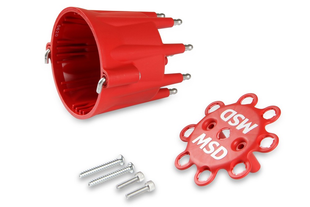 8433 MSD Distributor Cap - V8 - HEI Terminals - Red - Spark Plug Wire Retainer