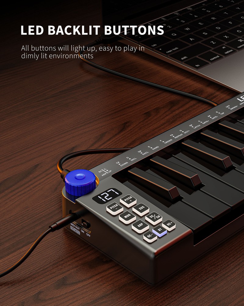 LEKATO 25 Key Keyboard Rechargeable Bluetooth MIDI Keyboard Controller Sensitive