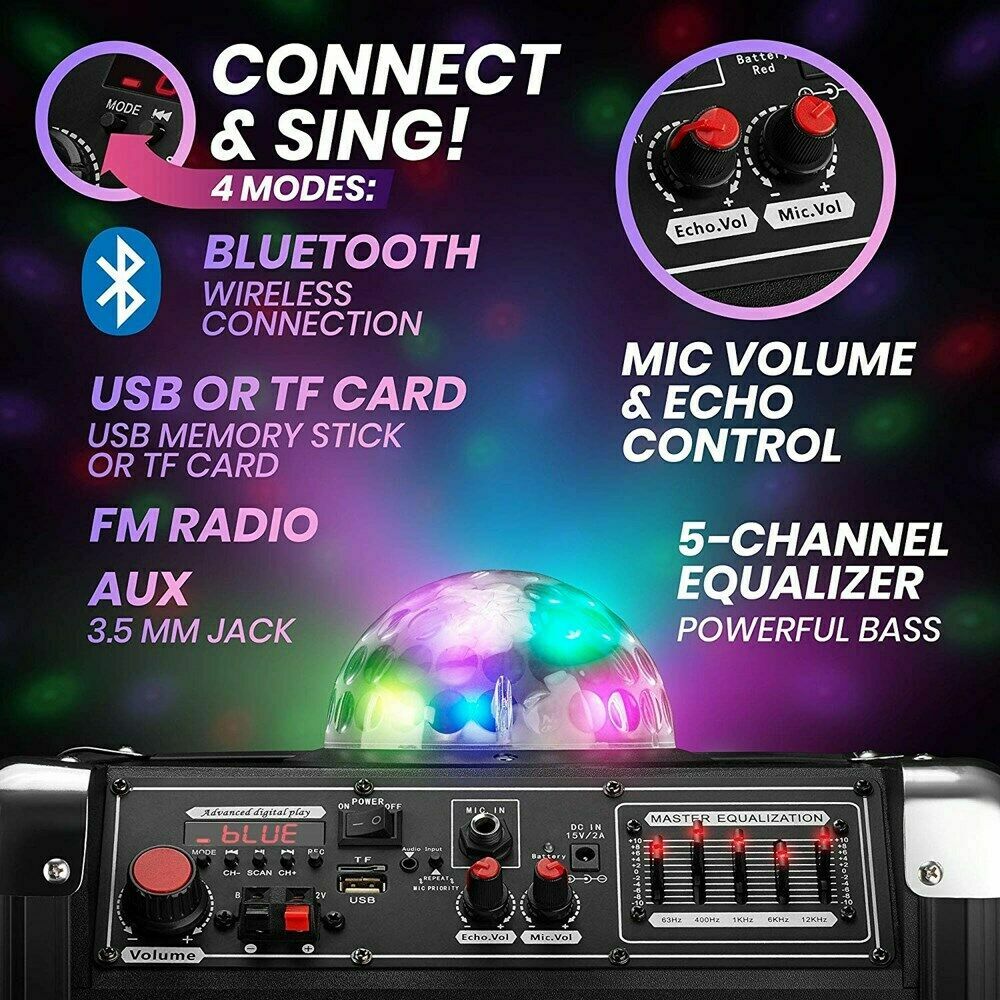 Wireless Karaoke Machine Microphone Speaker Disco Ball Bluetooth Singing System