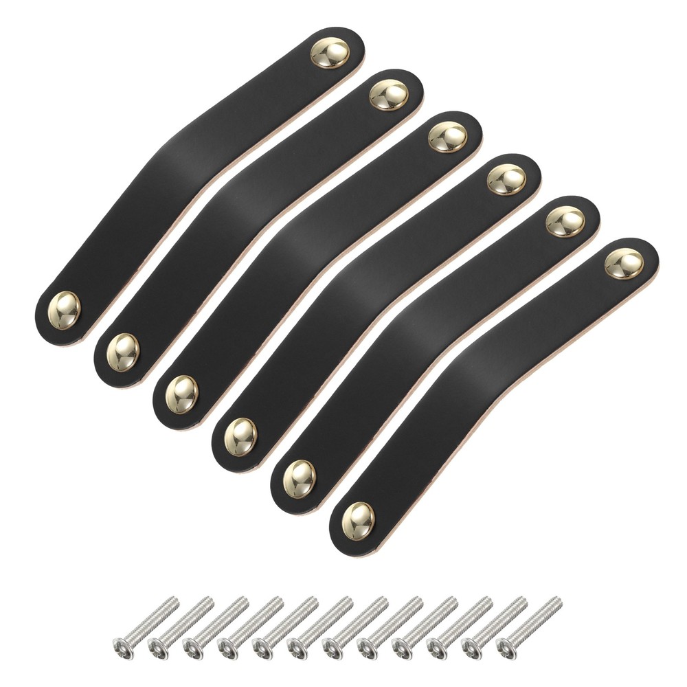 6 Packs Leather Drawer Pulls Double Hole Knobs, Black/Gold(Hole Spacing:128mm)