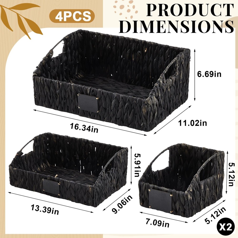 4 PCS Natural Wicker Storage Baskets Stackable Handwoven Bins Black Shelf