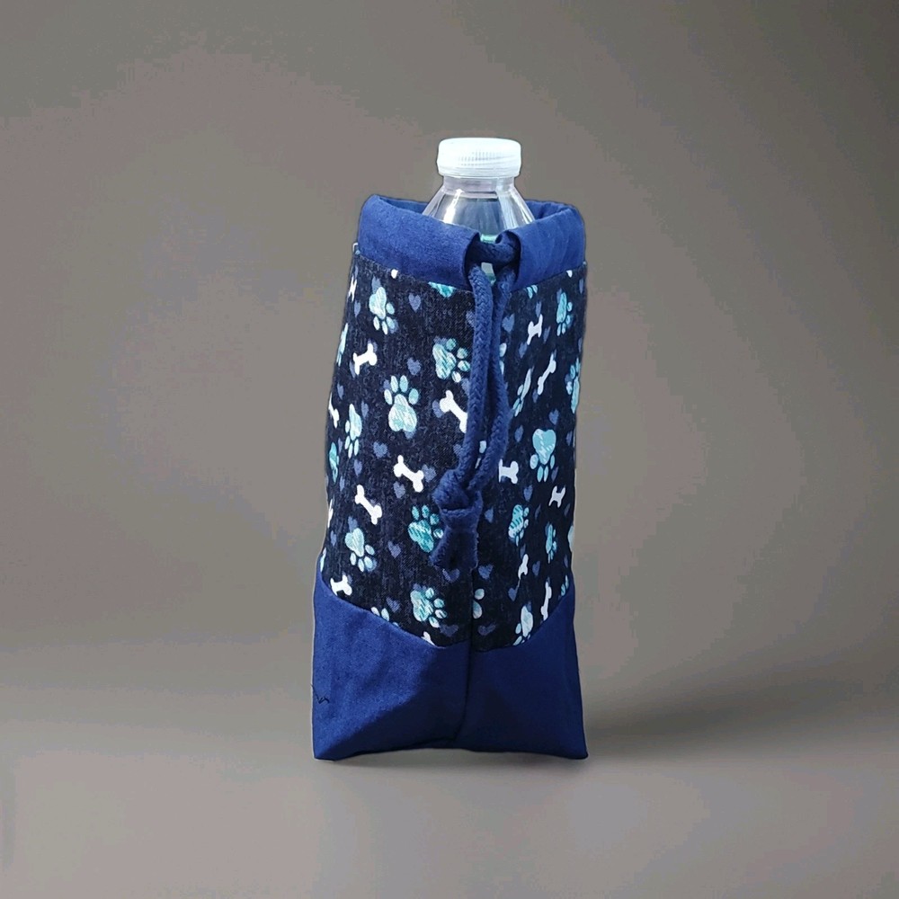 New Handmade Drawstring Bag Blue Paw Print Bone Pattern Green Lining