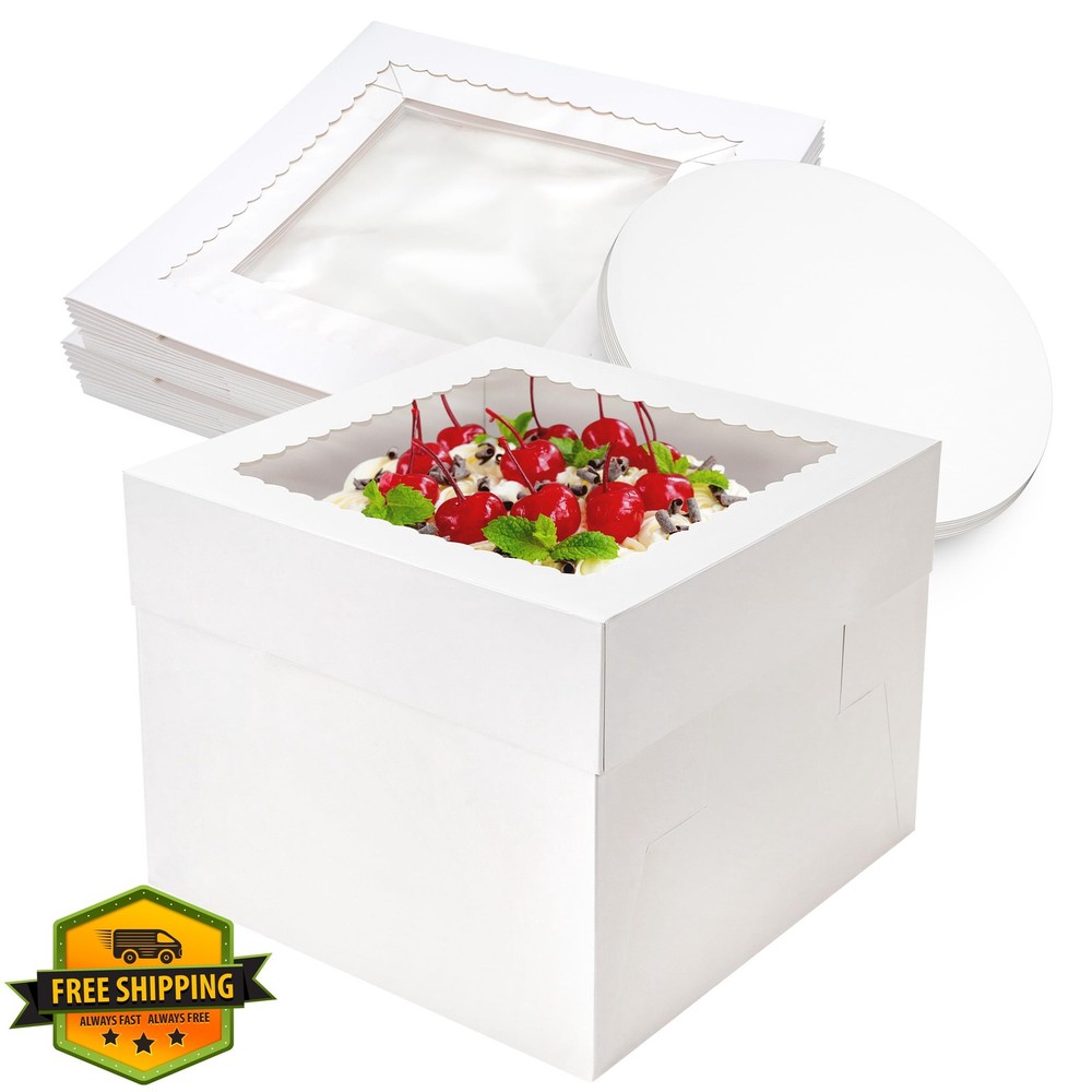 NPLUX 10"x10"x8" Tall Cake Boxes with Window, 10 Pack White Bakery
