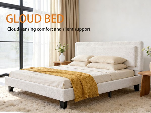 King Upholstered Bed Frame with Adjustable Headboard No Box Spring Needed Beige