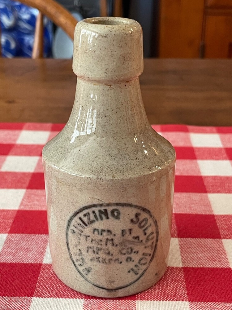Antique Stoneware Advertising Bottle VULCANIZING SOLUTION
