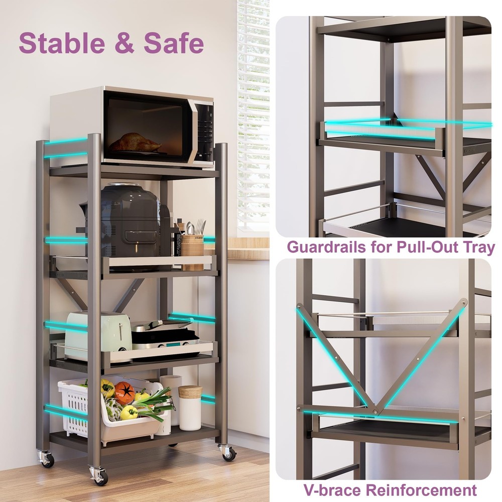 4-Tier Pull Out Kitchen Baker's Rack with Wheels, Heavy Duty Metal Microwave ...